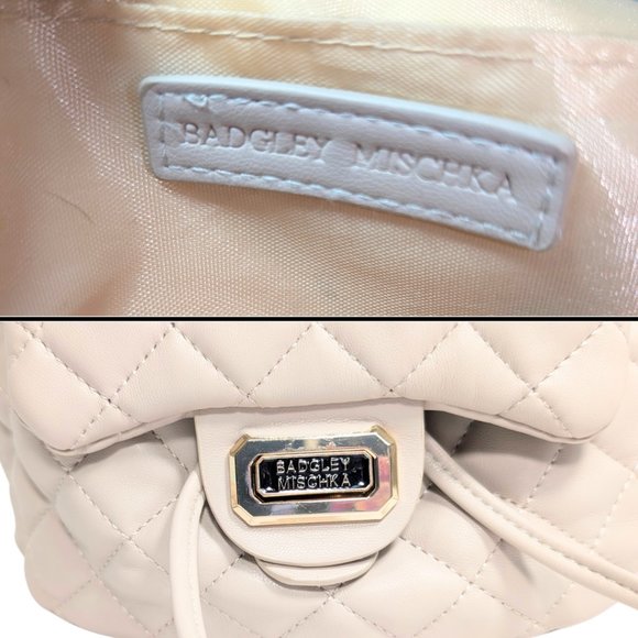 Badgley Mischka Beige Quilted Faux Leather Chain Strap Mini Backpack - Picture 11 of 12